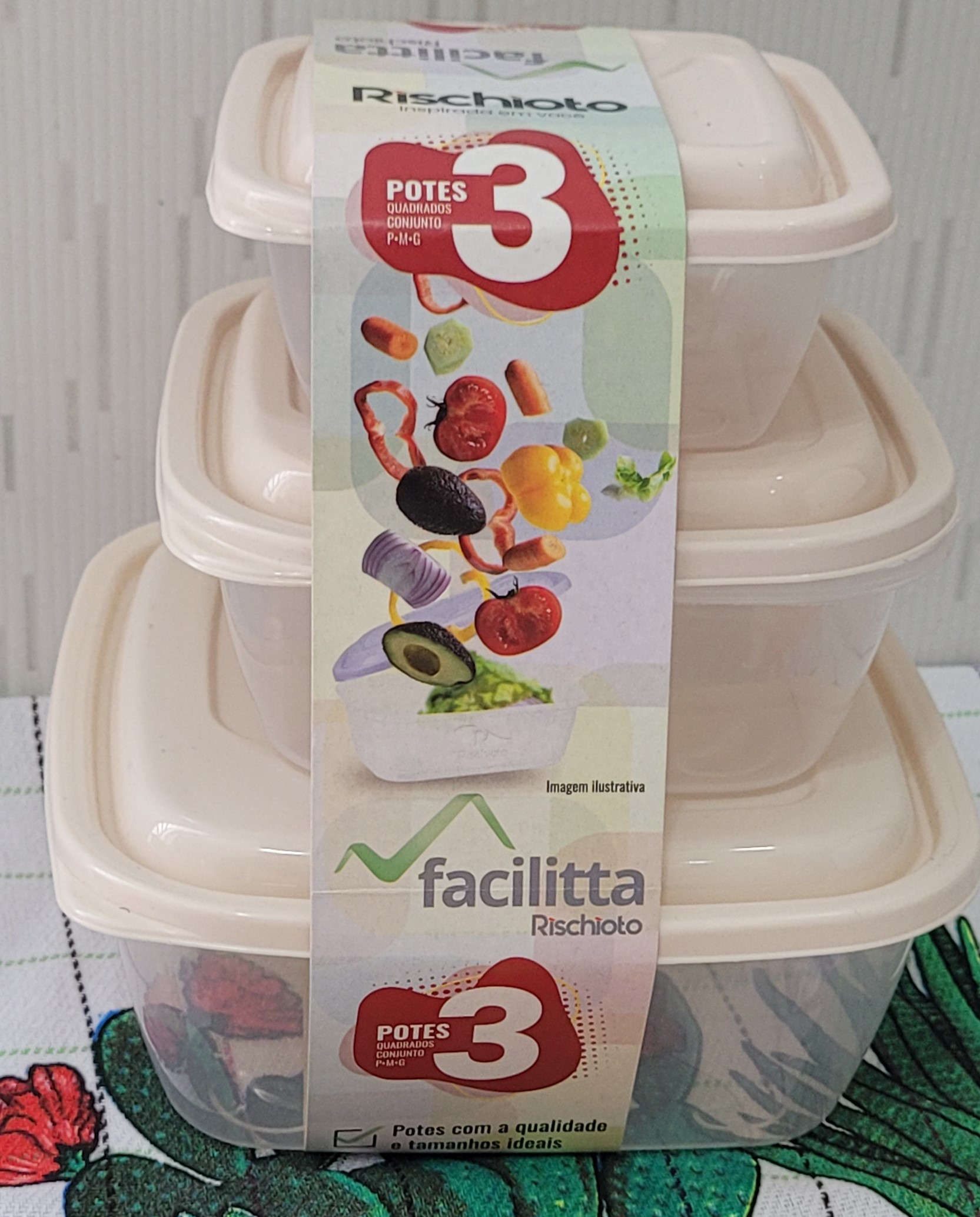 Pote Plástico Quadrado 400  800 e 1500ml (3 unidades)