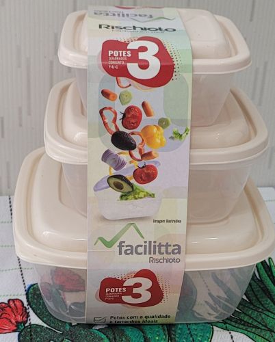 Pote Plástico Quadrado 400  800 e 1500ml (3 unidades)