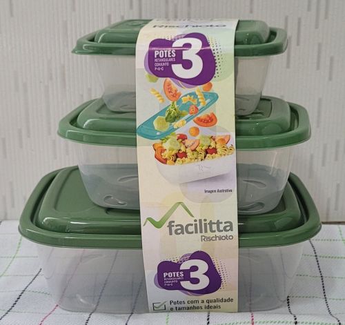 Pote Plástico Retangular 400 800 e 1500ml (3 unidades)